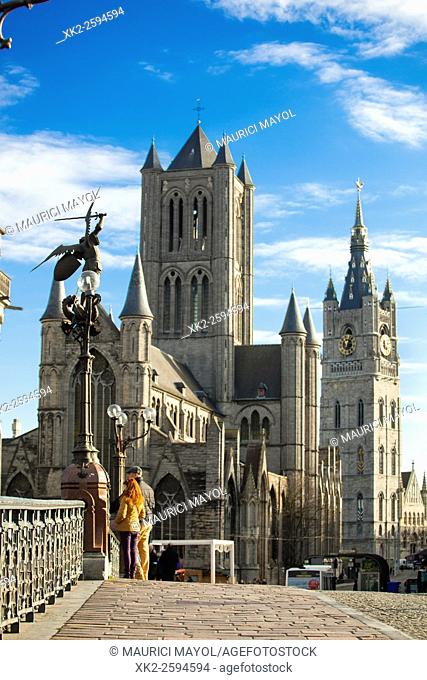 Saint Nicholas' Church and belfort's tower from the bridge, Ghent, Belgium