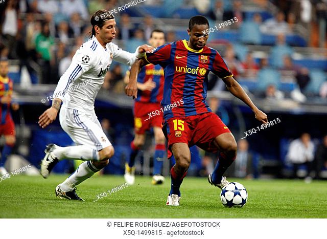 Sergio Ramos and Keita, UEFA Champions League Semifinals game between Real Madrid and FC Barcelona, Bernabeu Stadiumn, Madrid, Spain