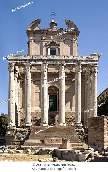 Temple of Antoninus Pius and Faustine, converted to the Roman Catholic Church of San Lorenzo in Miranda, in the Roman Forum, Via Sacra, Rome, Italy