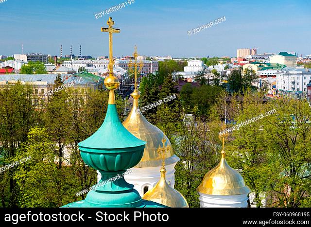 Yaroslavl aerial view. Cupola on the foreground. Golden ring of Russia