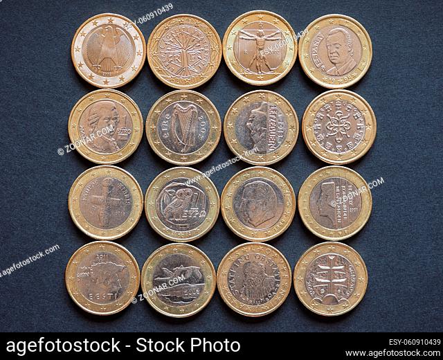Euro coins currency from many different countries in the European Union