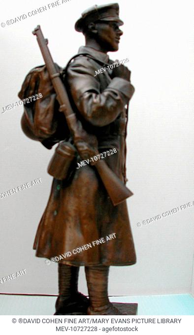 'Statue of a 1st World War 'Tommy' wearing greatcoat, 'gor blimey' cap, rifle slung over right shoulder. English School'
