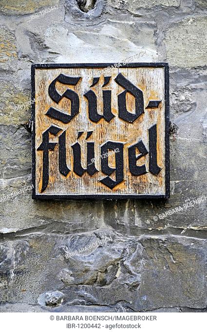 Sign with German inscription Suedfluegel, south wing, Wewelsburg, triangular castle, former Nazi cult and terror center of the SS, today historical museum