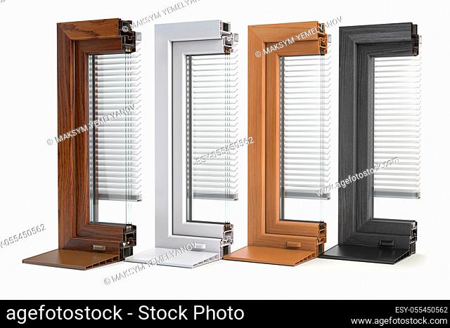 Samples of plastic window profiles PVC of different colors in section isolated on white background. 3d illustration