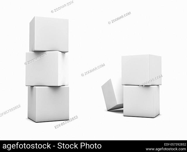 Stack of white cubes on white background. 3D render with clipping path