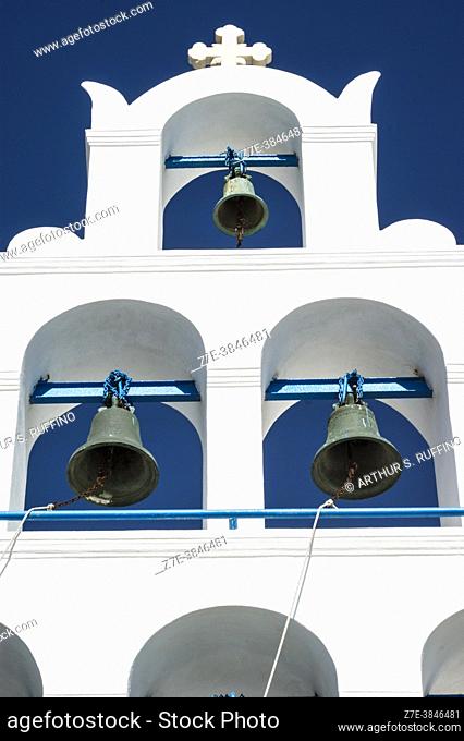 Bell tower of the Church of Panagia Platsani. Oia, Santorini, Greece, Europe