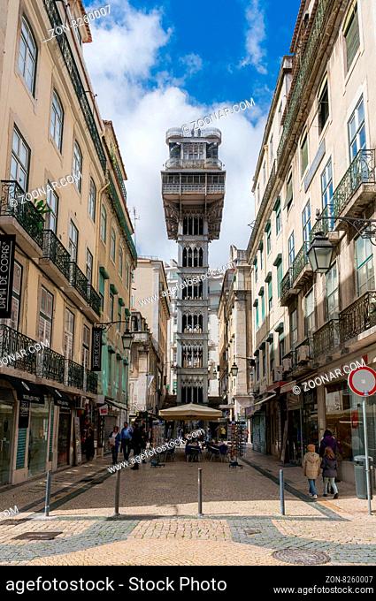 Lisbon, Portugal March 24, 2013: Santa Justa elevator in Lisbon, Portugal on July 27, 2013. The elevator was built by Raoul Mesnard in 1902 to connect Baixa...