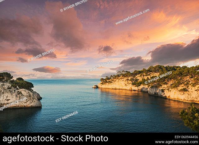 Cassis, Calanques, France. French Riviera. Beautiful Nature Of Cote De Azur On The Azure Coast Of France. Calanques - A Deep Bay Surrounded By High Cliffs