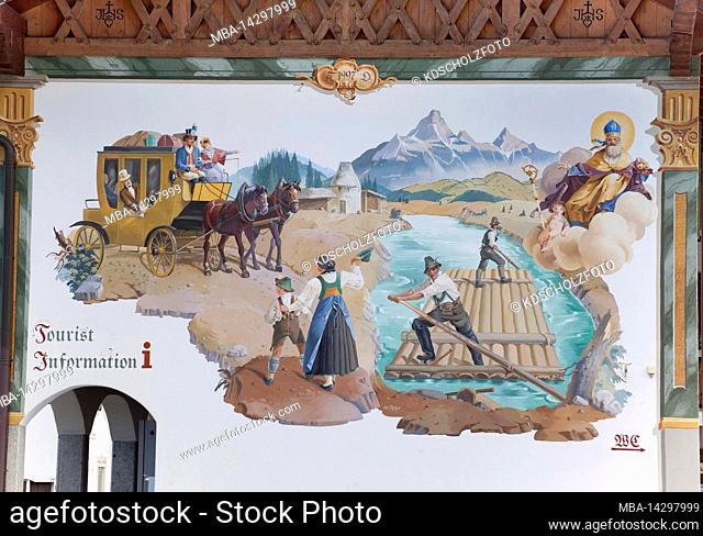 Scene with stagecoach, Isarfloß and St. Augustine, Alpine Lüftlmalerei (traditional painting) in Wallgau, Upper Isar Valley, Upper Bavaria