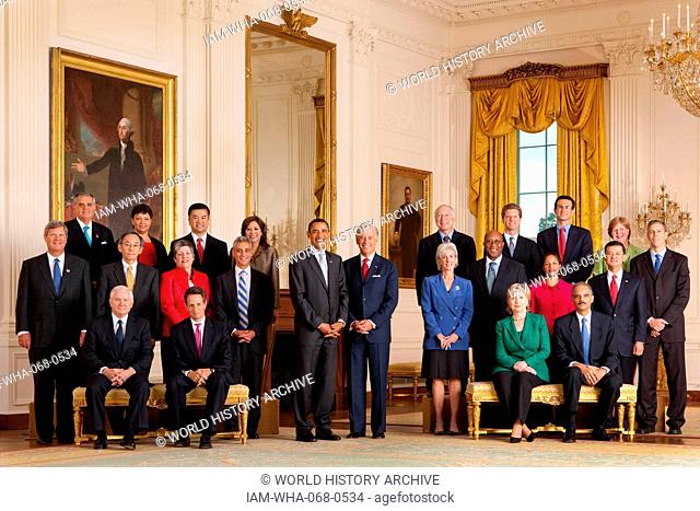 Photograph of President Barack Obama with full cabinet. Left to right: Secretary of Transportation Ray LaHood, Administrator of the Environmental Protection...