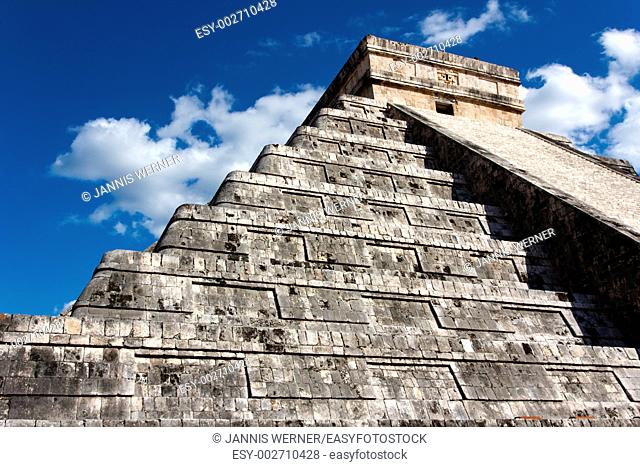 Angled view up the Mayan Kukulkan pyramid at the ancient city of Chichen Itza, Yucatan, Mexico