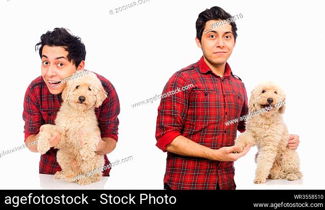 Young man with dog isolated on white