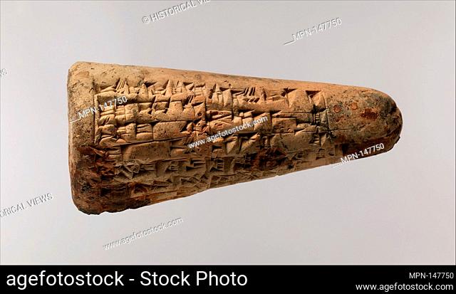 Votive cone with cuneiform inscription of Lipit-Eshtar. Period: Isin-Larsa; Date: ca. 1934-1924 B.C; Geography: Mesopotamia; Culture: Isin-Larsa; Medium: Clay;...
