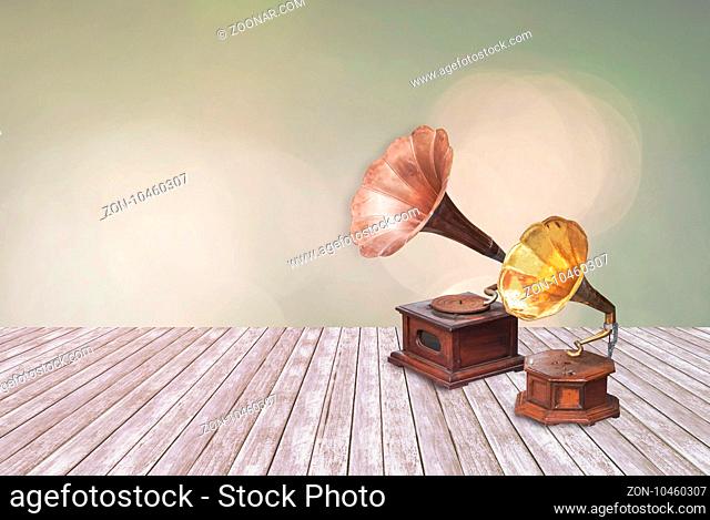 Vintage phonograph, record player, gramophone on Multicolored defocused bokeh lights for background or texture