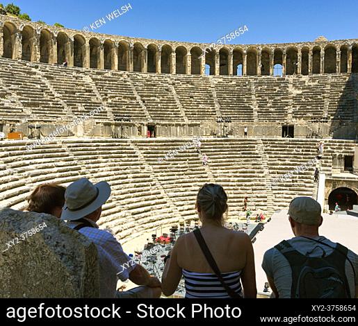 Aspendos, Antalaya Province, Turkey. The Roman theatre, built in the AD 160â. . s by the Greek architect Zeno. It can seat 12, 000 and is still in use today