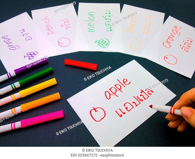 Making language flash cards for fundamental words; apple, lemon, peach, melon, grape and orange