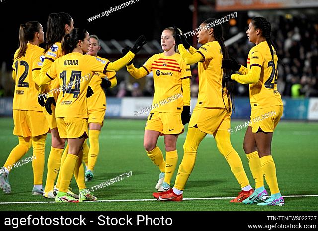 Barcelona's players celebrate 0-1 (own goal) during the UEFA Women's Champions League group A soccer match between FC Rosengard and FC Barcelona at Malmo...