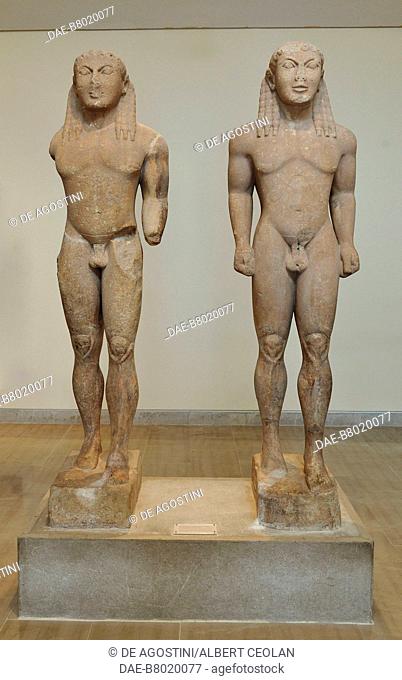 Kouroi, Castor and Pollux or Kleobis and Biton, 580 BC ca, marble statues attributed to Polymedes of Argos, height 216 cm