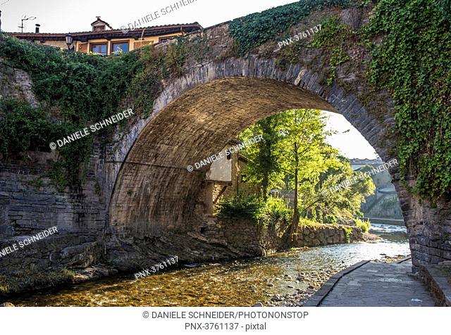 France, Cantabria, Pics d'Europe National Park, historical village of Potes, Road to Santiago de Compostela, medieval bridge of San Cayetano over the Quiviesa...