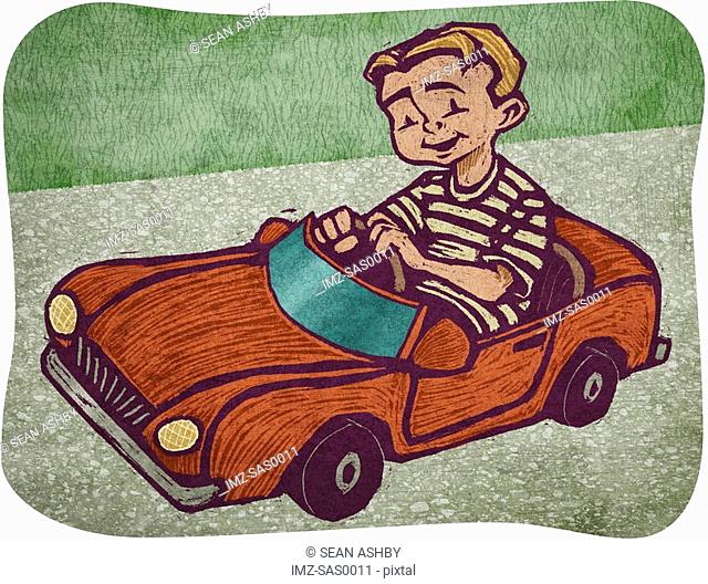 A boy in a toy car