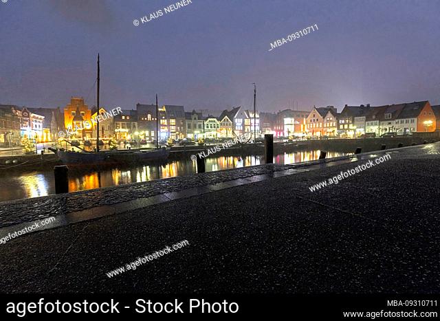 inland port, blue hour, snowfall, bay, old town, harbour promenade, Husum, North Sea, Schleswig-Holstein, Germany, Europe