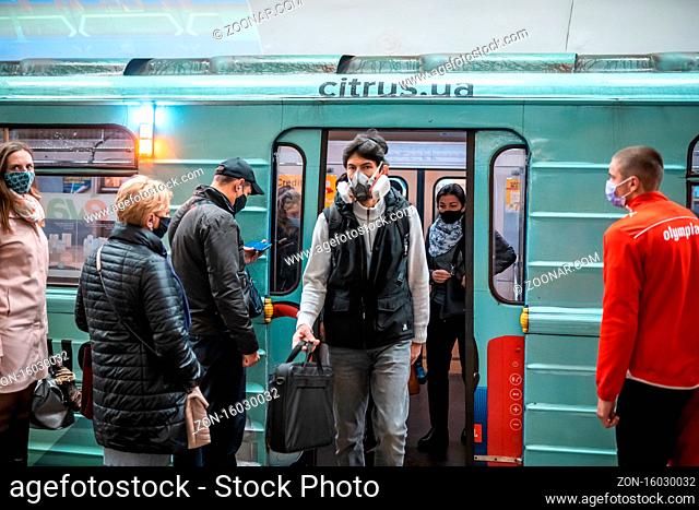 UKRAINE, KIEV - MAY 26, 2020: subway station Zoloty Vorota (Golden Gate). People enter the train car at the metro station
