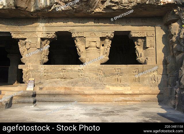 Ellora Caves, Aurangabad, Maharashtra, India Cave No. 21 right side of façade showing pillared brackets and loving couples below