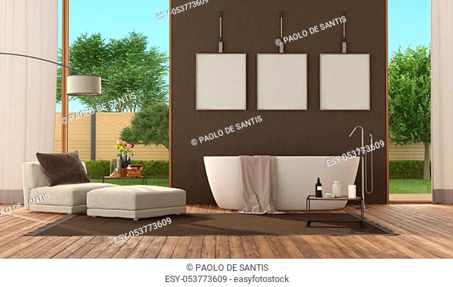 Modern large bathroom with bathtub, brown wall and armchair - 3d rendering