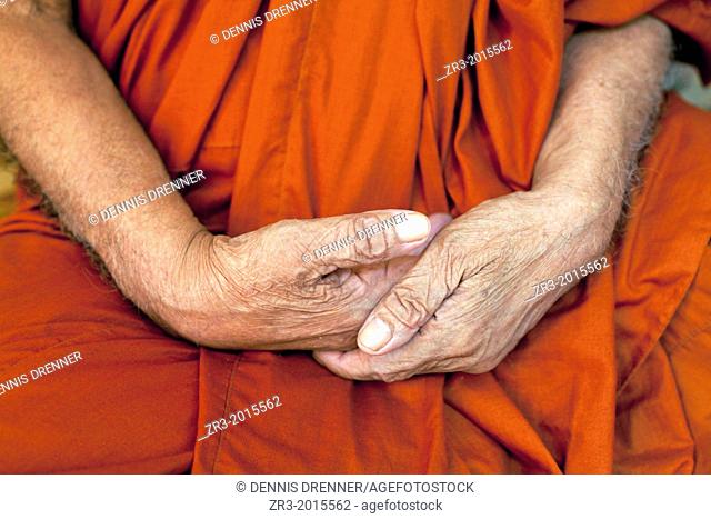 Details of the hands of a 80-year-old blind monk lives in a temple in a village near Battambang, Cambodia