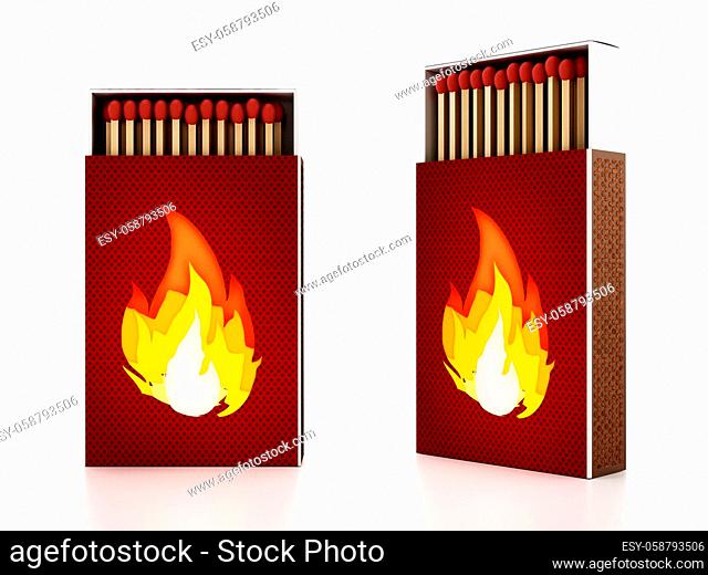 Matches inside open matchboxes isolated on white background. 3D illustration