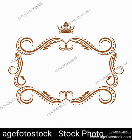 Royal frame with crown, medieval vector embellishment border with flourishes ornament. Elegant vintage template for wedding invitation