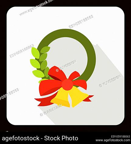 Christmas wreath with bell icon in flat style with long shadow. Decoration symbol vector illustration