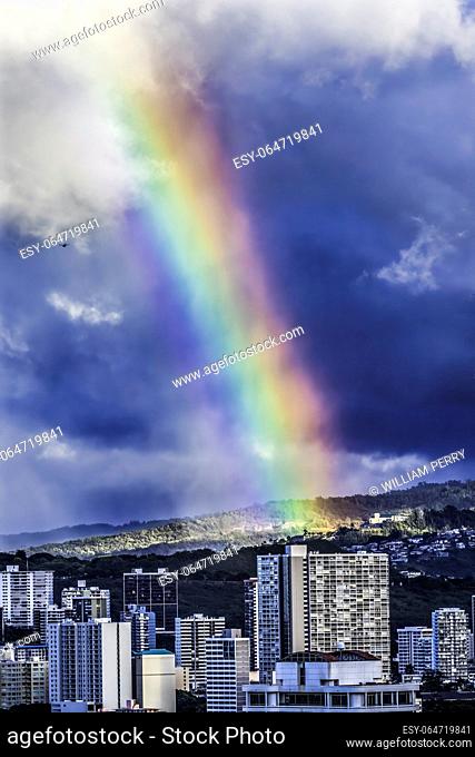 Colorful Rainstorm Rainbow Buildings Waikiki Tantalus Apartment Buildings Honolulu Oahu Hawaii