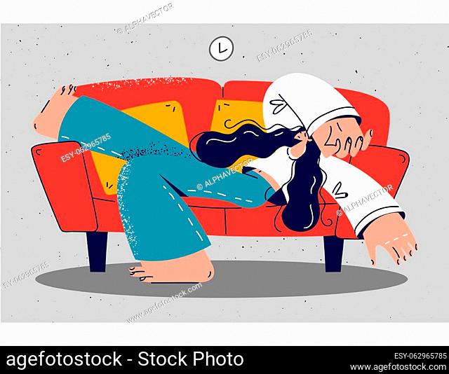 Exhausted young woman lying on couch at home sleeping or taking nap. Tired girl relax daydream on sofa indoors. Relaxation concept