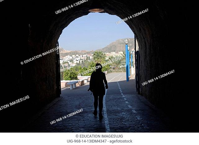 Walkway in former railway tunnels between La Cala del Moral and Rincon de la Victoria, Malaga province, Spain