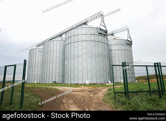 RUSSIA, MOSCOW REGION - AUGUST 11, 2023: Grain elevators of the Yug Podmoskovya agricultural company in the village of Mochily