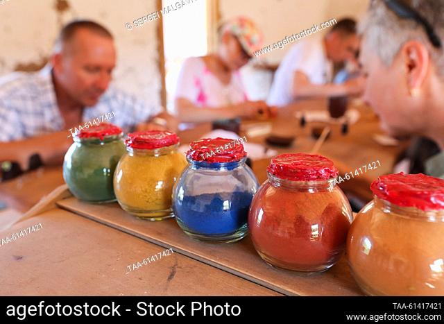 RUSSIA, SEVASTOPOL - AUGUST 27, 2023: Paints are pictured during a painting master class as part of the City of Craftsmen Medieval Crafts show at the Genoese...
