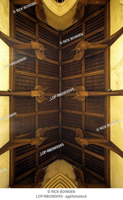 England, Norfolk, Booton, An interior view looking up to the carved roof of Booton church in Norfolk