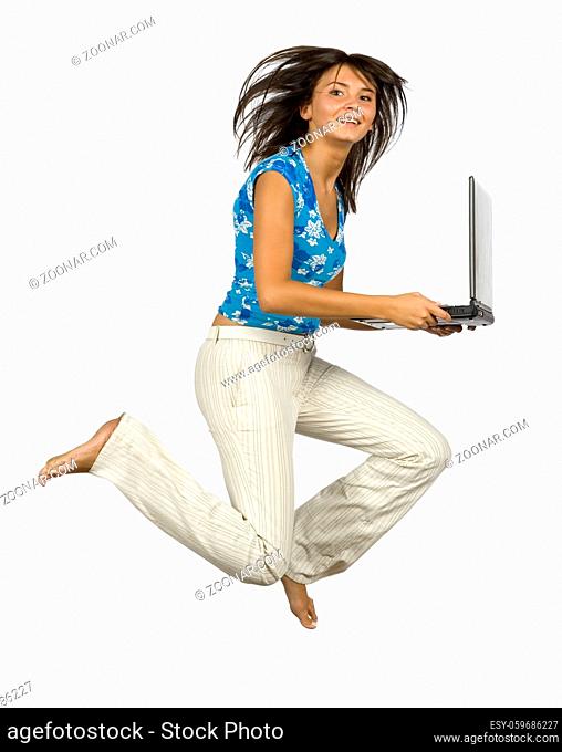 isolated jumping happy woman with laptop