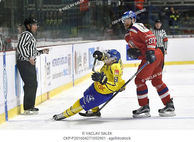 Markus Ljungh (SWE), left, and Tomas Vincour (CZE) in action during the Euro Hockey Tour series match Czech Republic vs Sweden in Znojmo, Czech Republic