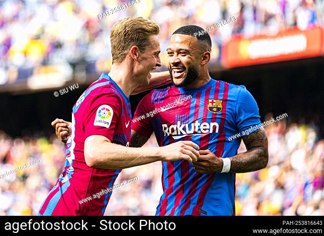 Memphis Depay (FC Barcelona) celebrates with his teammate Frenkie de Jong (FC Barcelona), after scoring, during La Liga football match between FC Barcelona and...