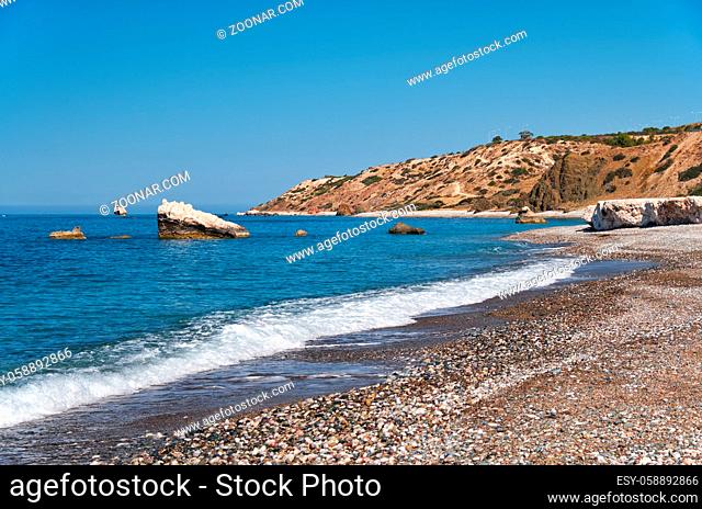 Petra tou Romiou or Aphrodite Rock Beach, one of the main attractions and landmarks of Cyprus island. Aphrodite's rock beach is the birthplace of Goddess...