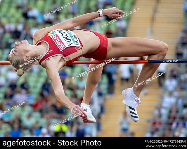 21 August 2022, Bavaria, Munich: Athletics: European Championships, Olympic Stadium, High Jump, Women, Final. Marija Vukovic from Montenegro in action