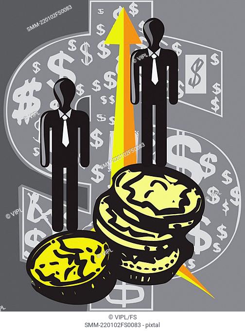 Human figures standing on coins with arrow and dollar symbols