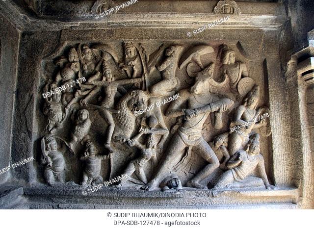 Devi Durga fighting Mahisasura ; Mahushamardani Mandapam ; Mamallapuram ; Tamil Nadu ; India