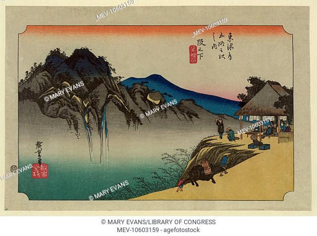 Sakanoshita. Print shows travelers at a rest stop admiring waterfalls in the mountains across a deep gorge at a rest stop near the Sakanoshita station on the...