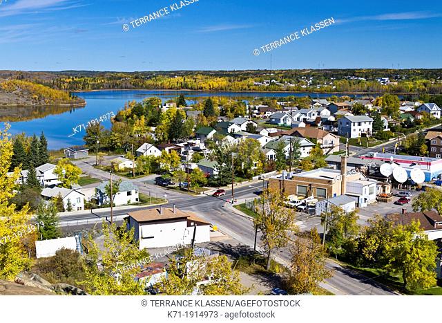 The city of Flin Flon with yellow autumn fall foliage color, Manitoba, Canada