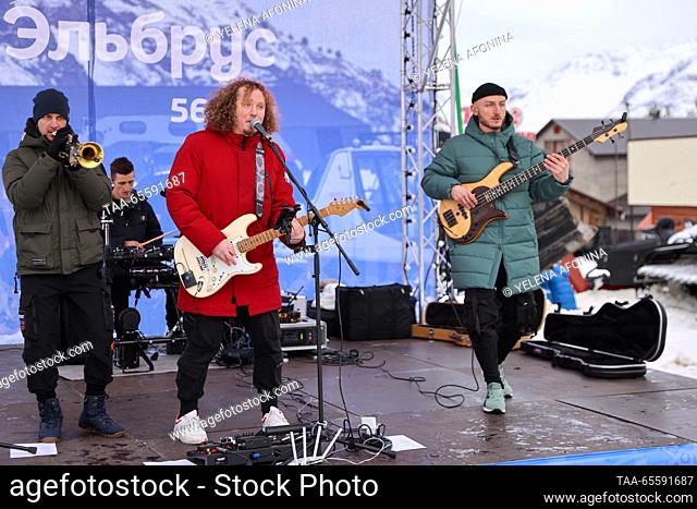 RUSSIA, KABARDINO-BALKAR REPUBLIC - DECEMBER 9, 2023: Musicians perform during a concert marking the start of the winter season at the Elbrus ski resort