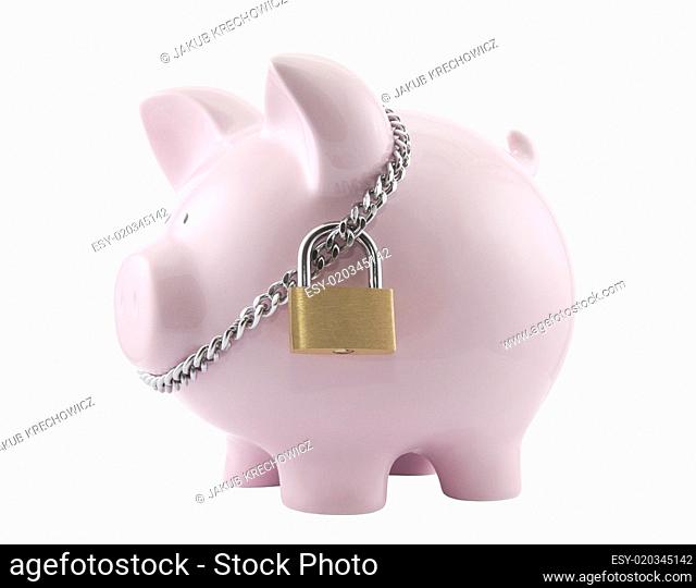 Piggy bank secured with padlock. Clipping path included