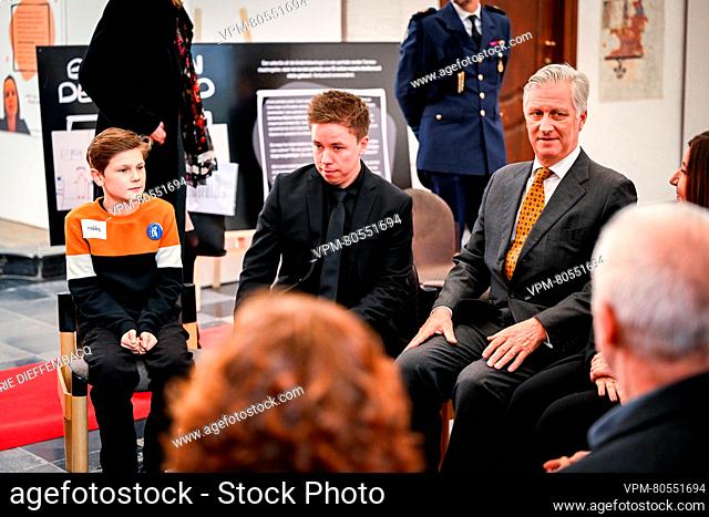 King Philippe - Filip of Belgium pictured during a royal visit to the exhibition called ""Wat Alz? Van Oei naar Waw"", in Leuven, Wednesday 22 November 2023
